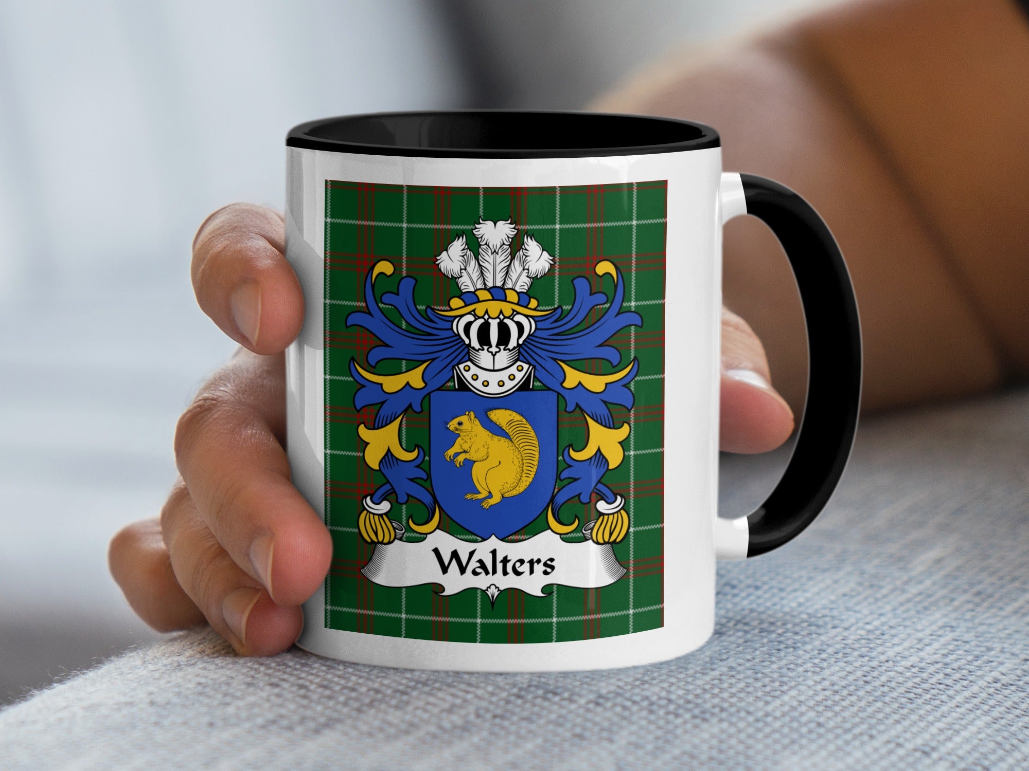 White mug with black rim, displaying a coat of arms with a squirrel on a plaid background and "Walters" text.