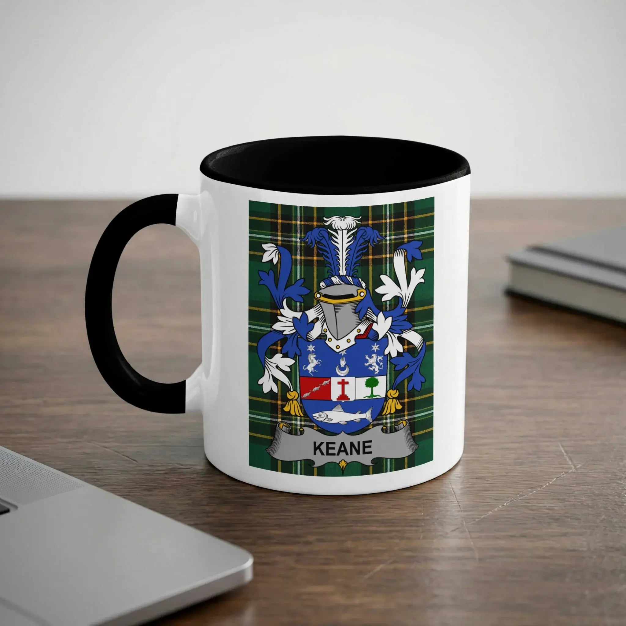 Keane Irish heritage mug with black handle and family crest