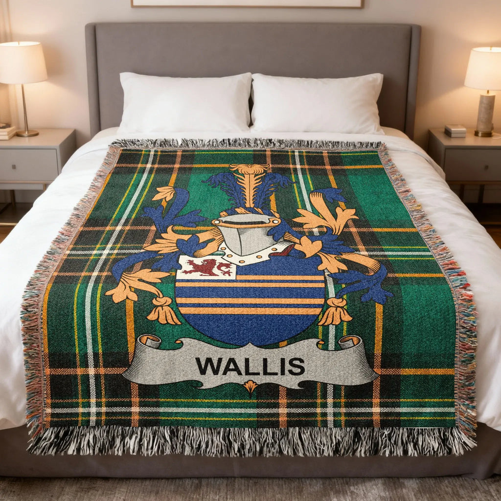 Green and blue tartan blanket with Wallis family crest and name.