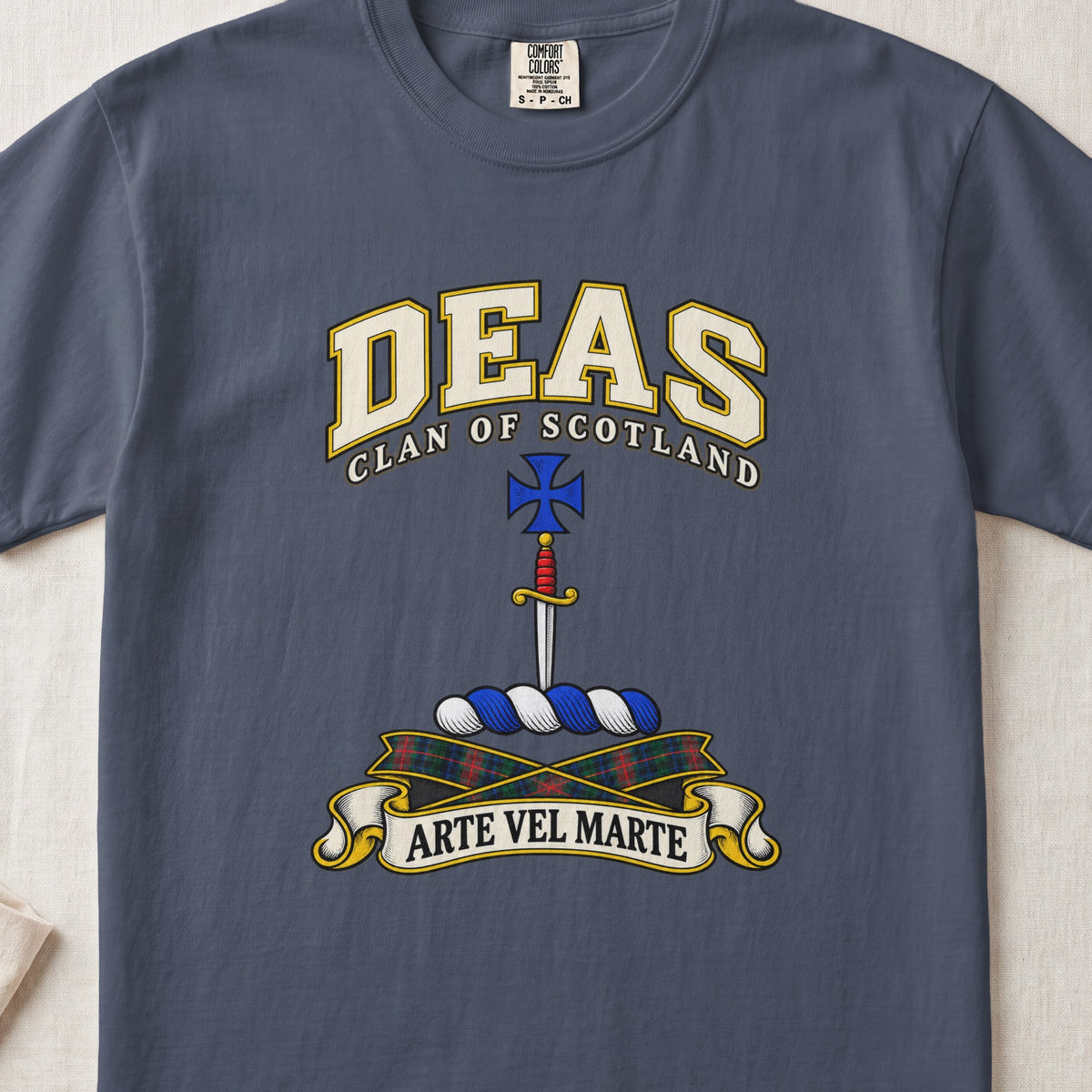 Deas Scottish clan T-shirt in Midnight, front view with a vertical dagger and blue cross and motto design.
