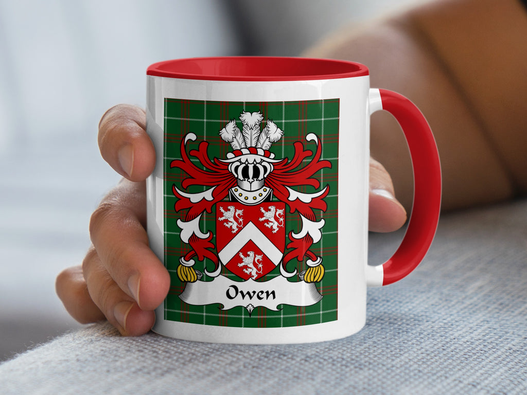 Owen Welsh tartan accent mug with red handle and white coat of arms on green plaid