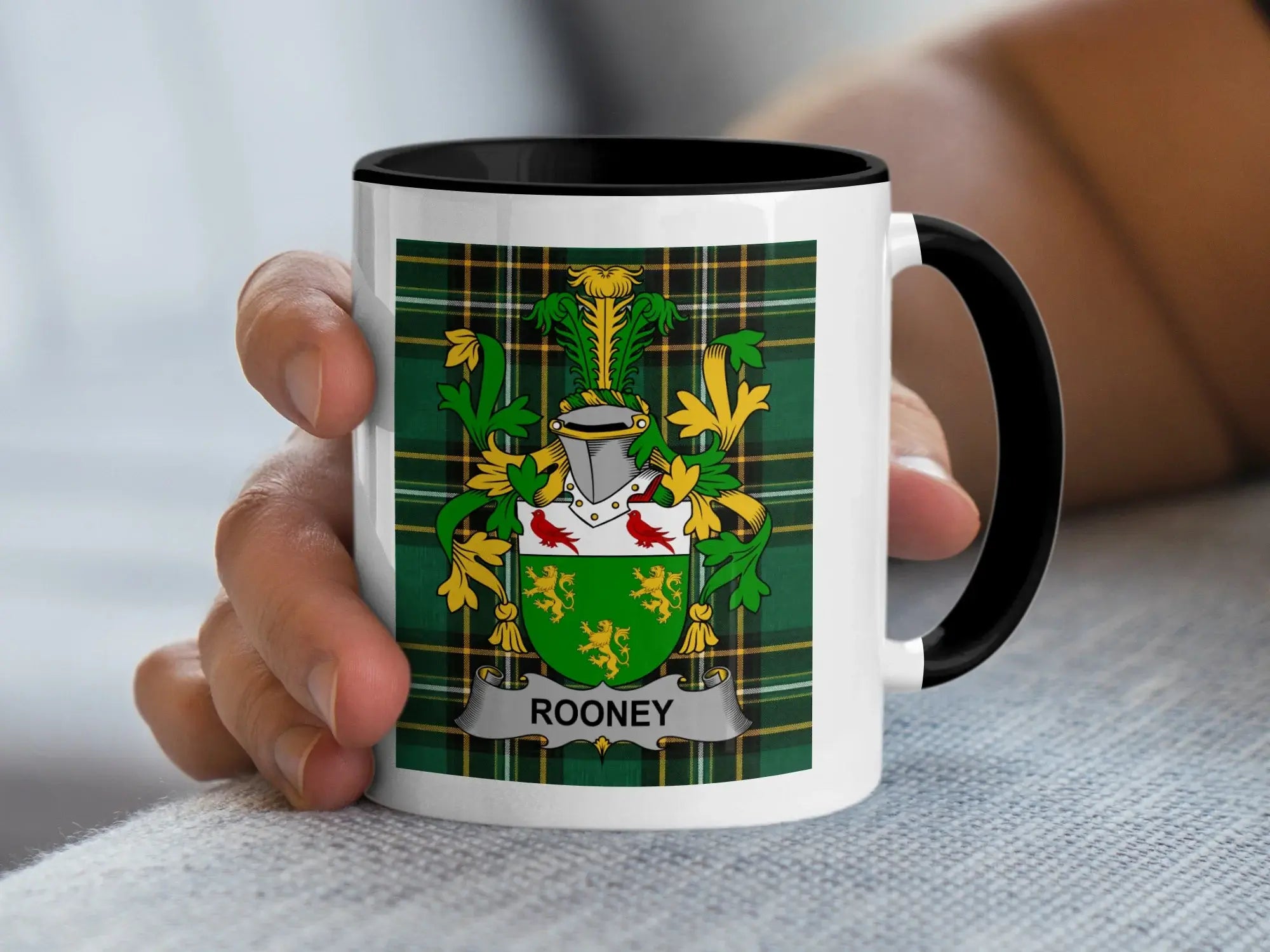 Rooney Irish family crest black accent mug with Irish National Tartan
