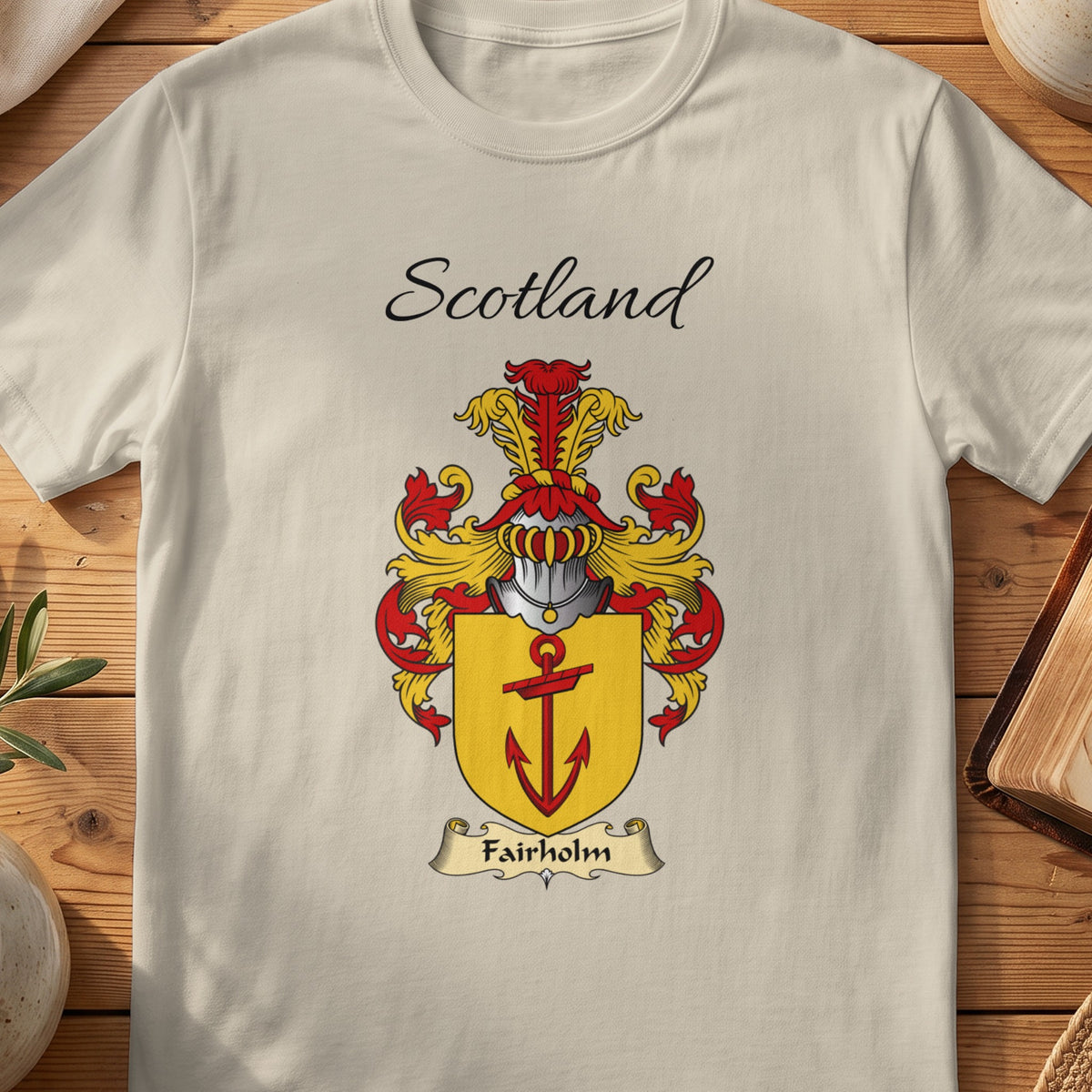 Sand Fairholm Scottish family shield T-shirt featuring a red anchor on a gold shield