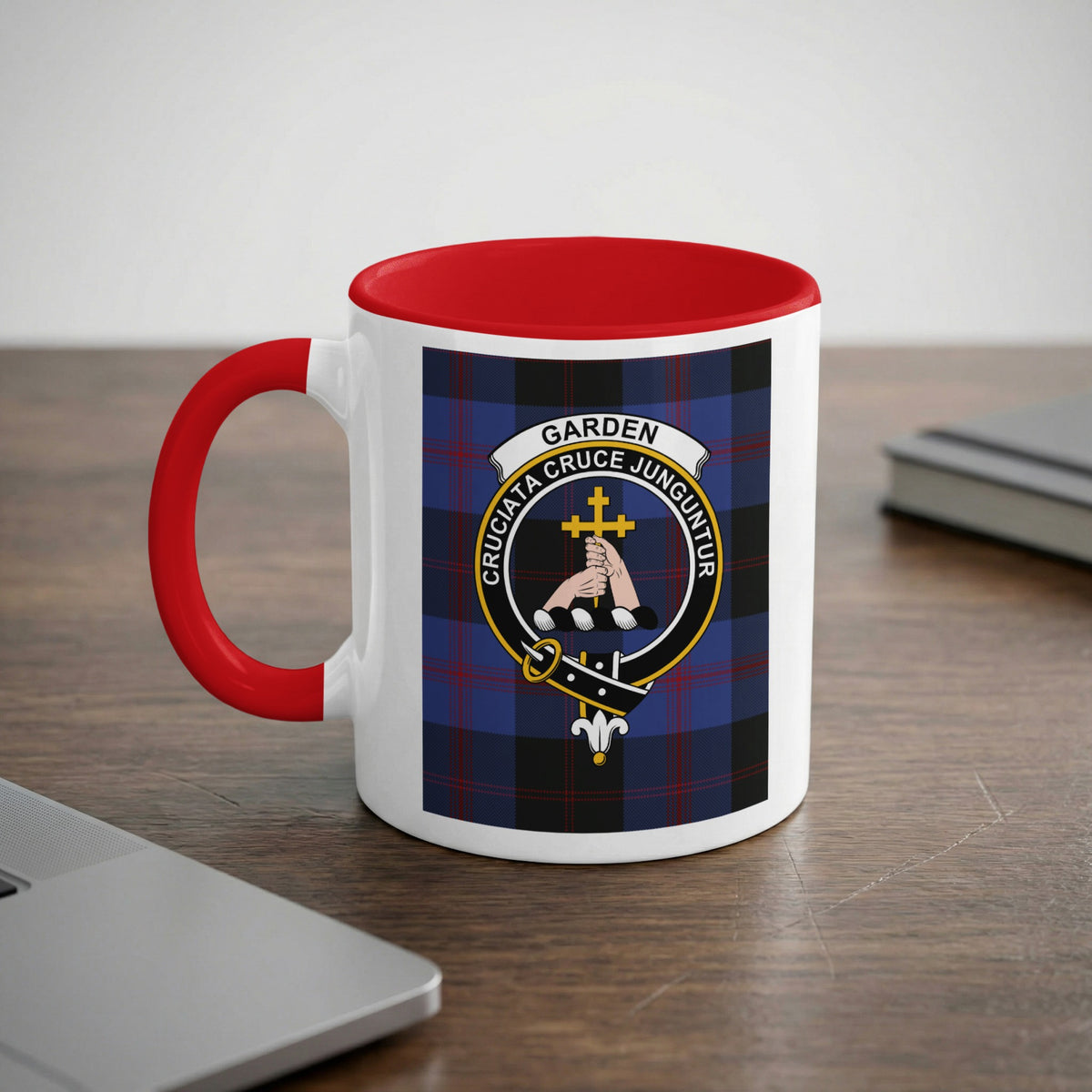 Garden Scottish family crest artwork on an 11 oz red accent mug with a tartan background