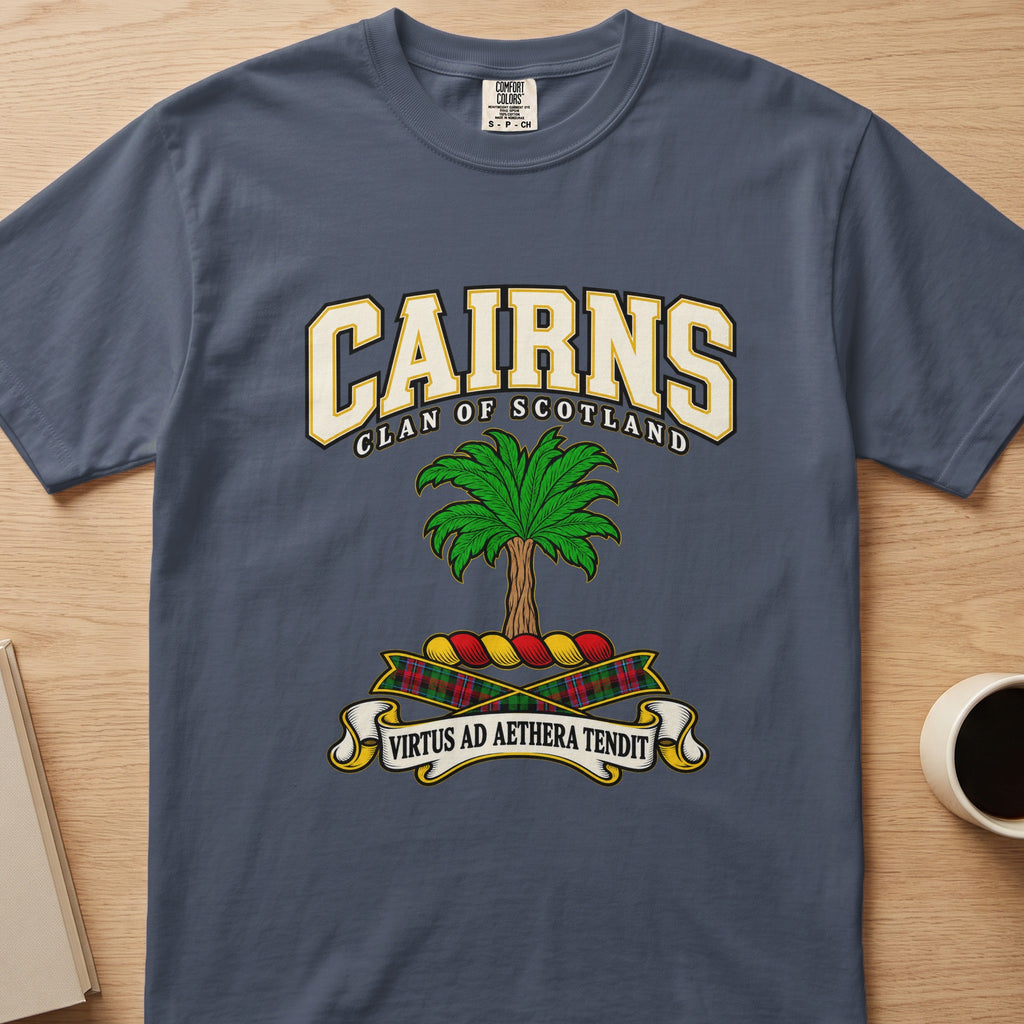 Cairns clan crest with green palm tree on a slate blue Comfort Colors T-shirt, front view