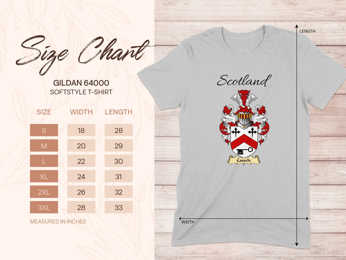 Gildan 64000 size chart for the Cassels unisex T-shirt, sizes S to 3XL