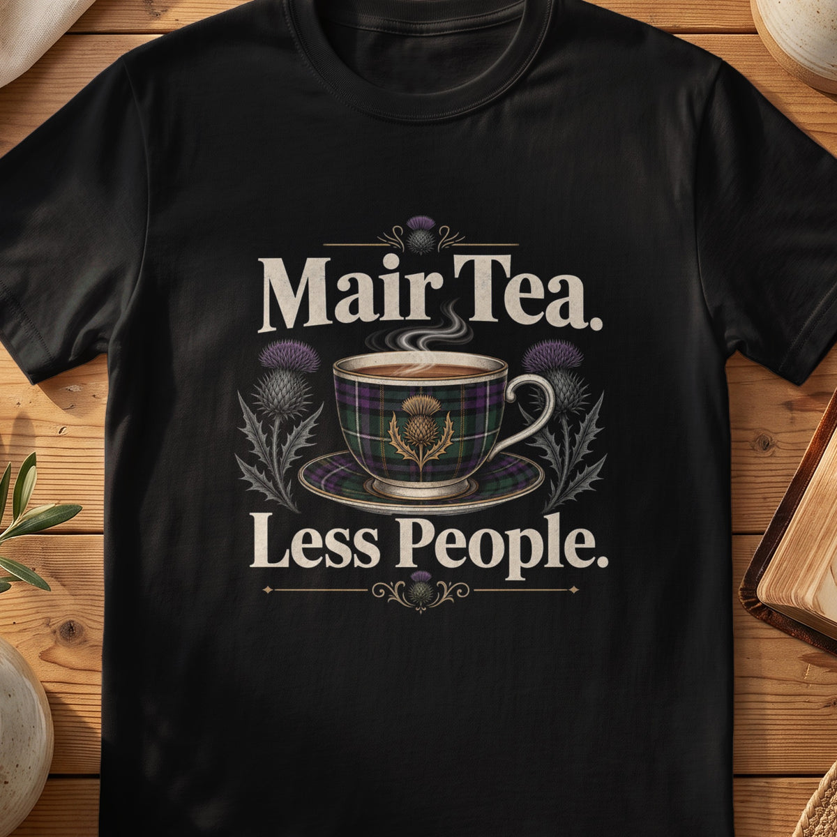 Black Gildan 64000 unisex T-shirt flatlay with Mair Tea Less People Scottish graphic design