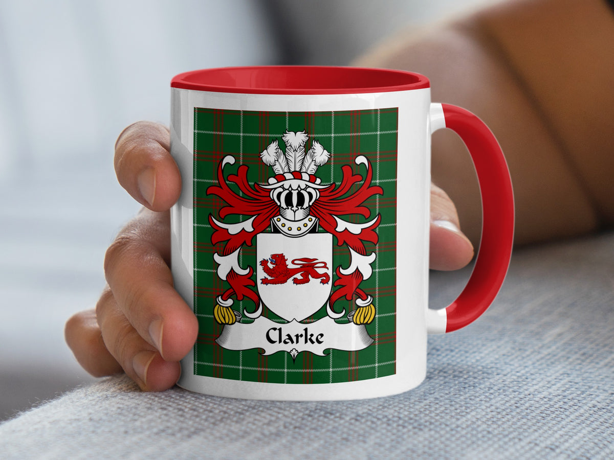 Clarke Welsh family crest mug on Welsh National Tartan