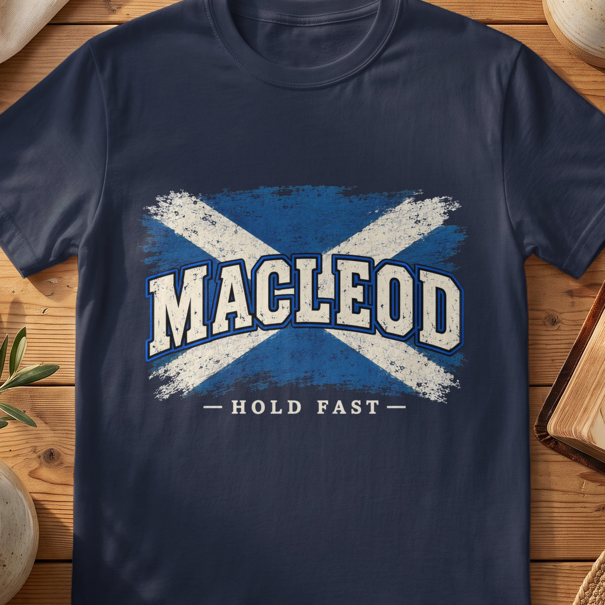 MacLeod Scottish Saltire T-shirt in Navy, with distressed blue and cream flag and “Hold Fast” lettering.