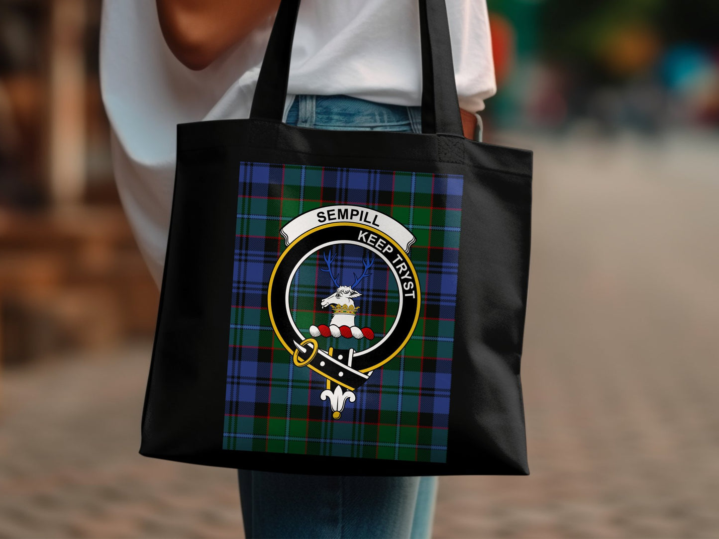 Scottish Clan Sempill Crest on Tartan Background Tote Bag - Living Stone Gifts