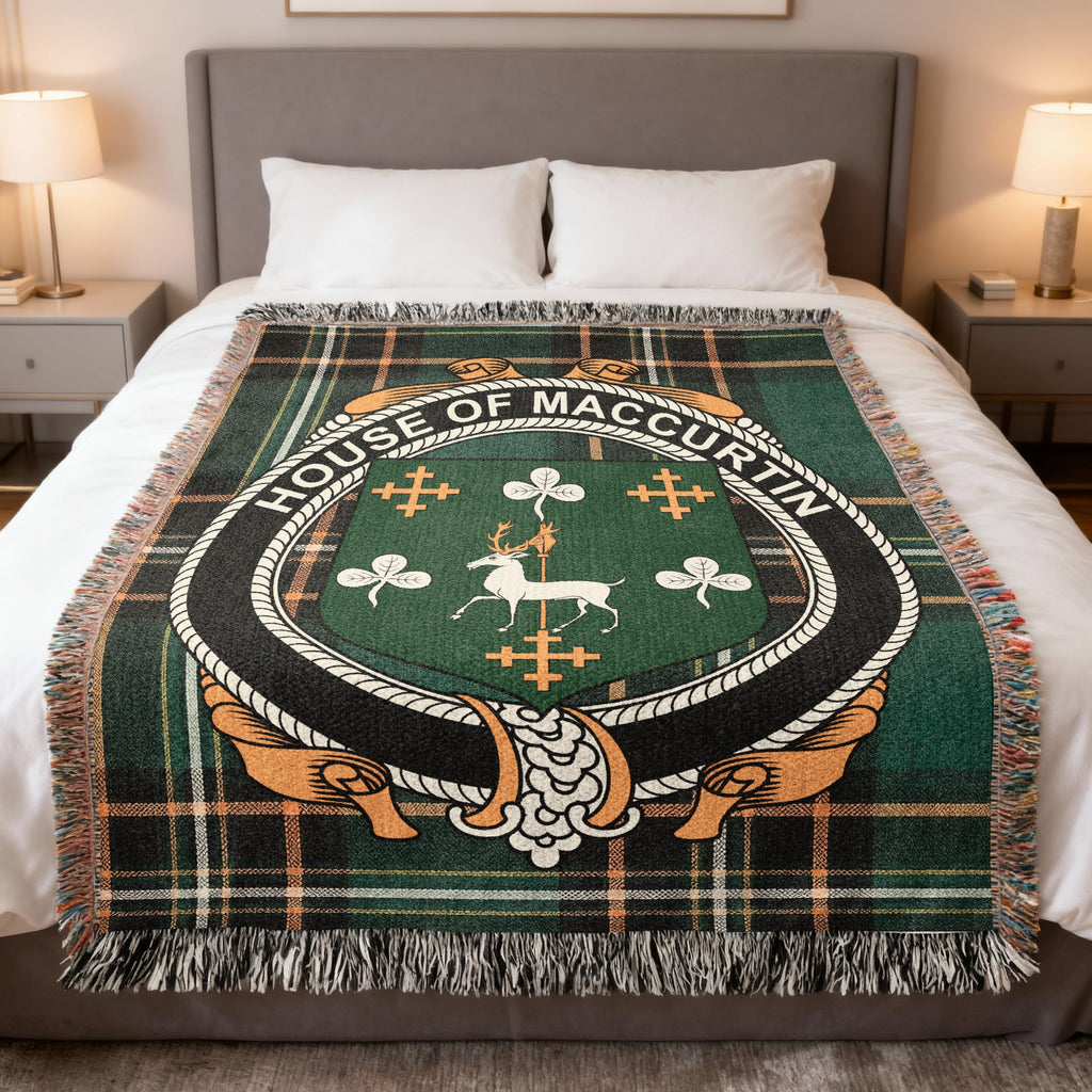 MacCurtin Irish National Tartan woven blanket with family crest emblem