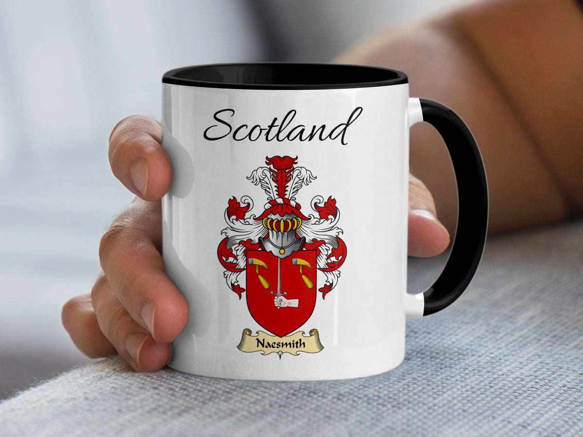 Naesmith Scottish family crest accent mug with Scotland above the coat of arms design