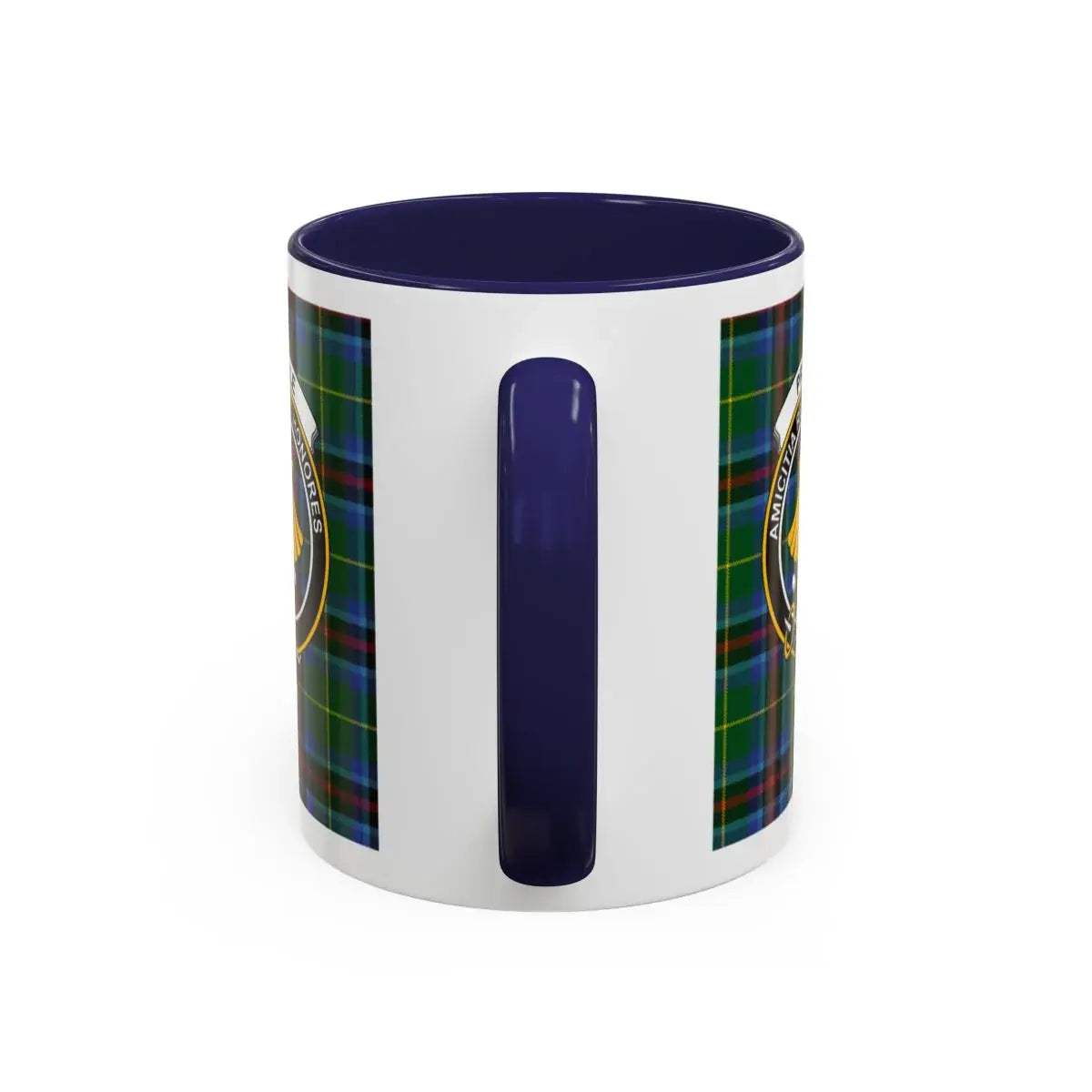 Clan Pringle tartan crest accent mug — 15 oz ceramic Scottish heritage drinkware, navy handle