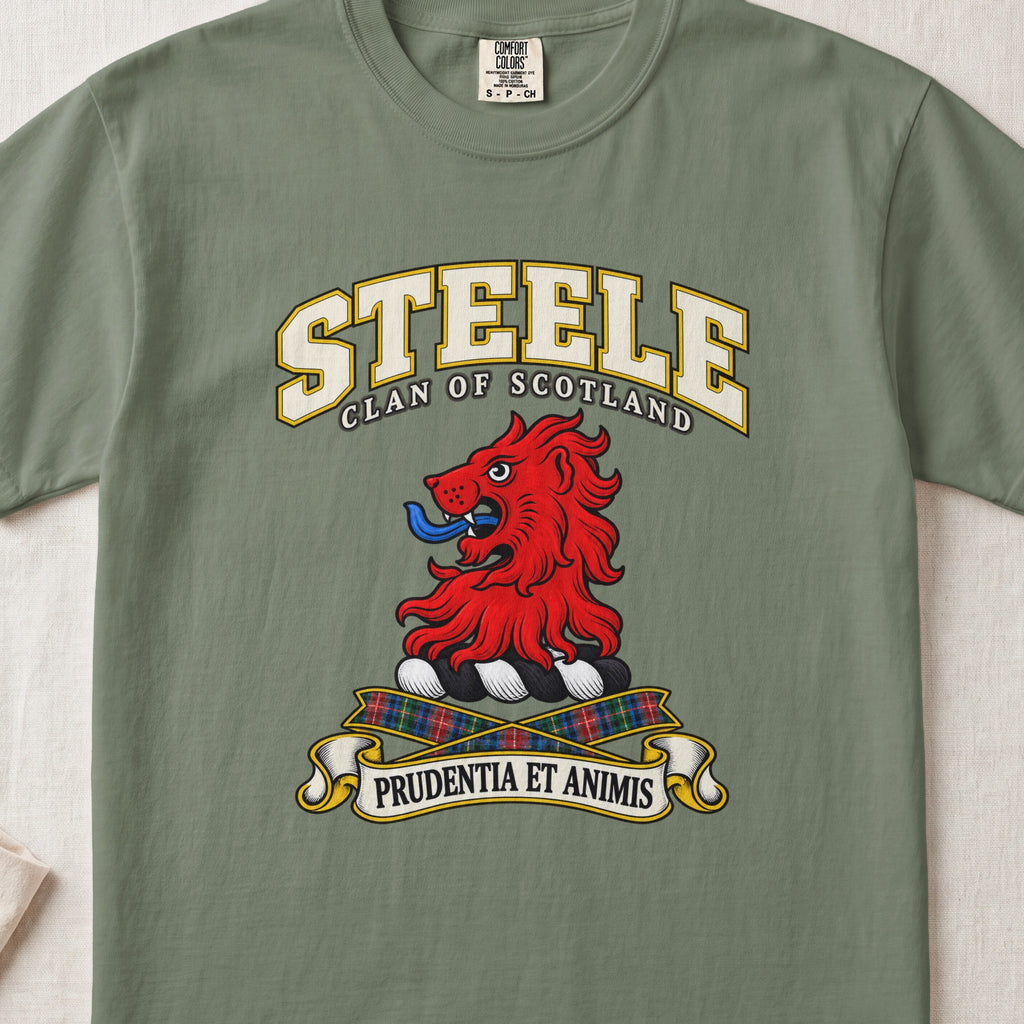Steele Scottish clan T-shirt in Moss, front view with a red lion head and motto design.