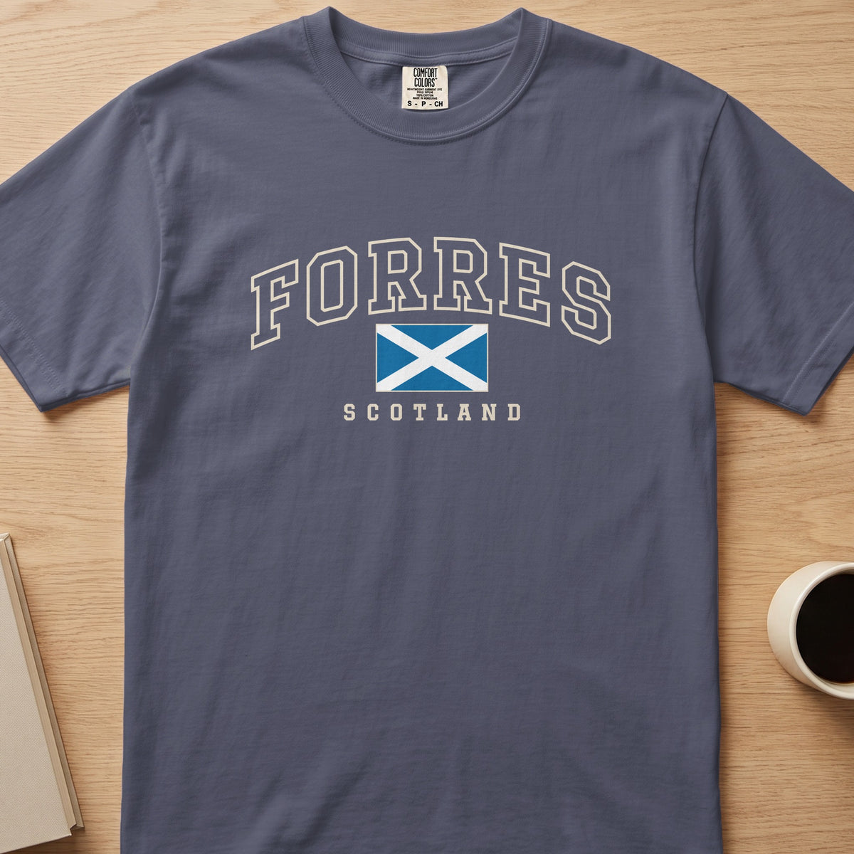 Denim Comfort Colors T-shirt laid flat with Forres, Scotland lettering and a blue-and-white Saltire