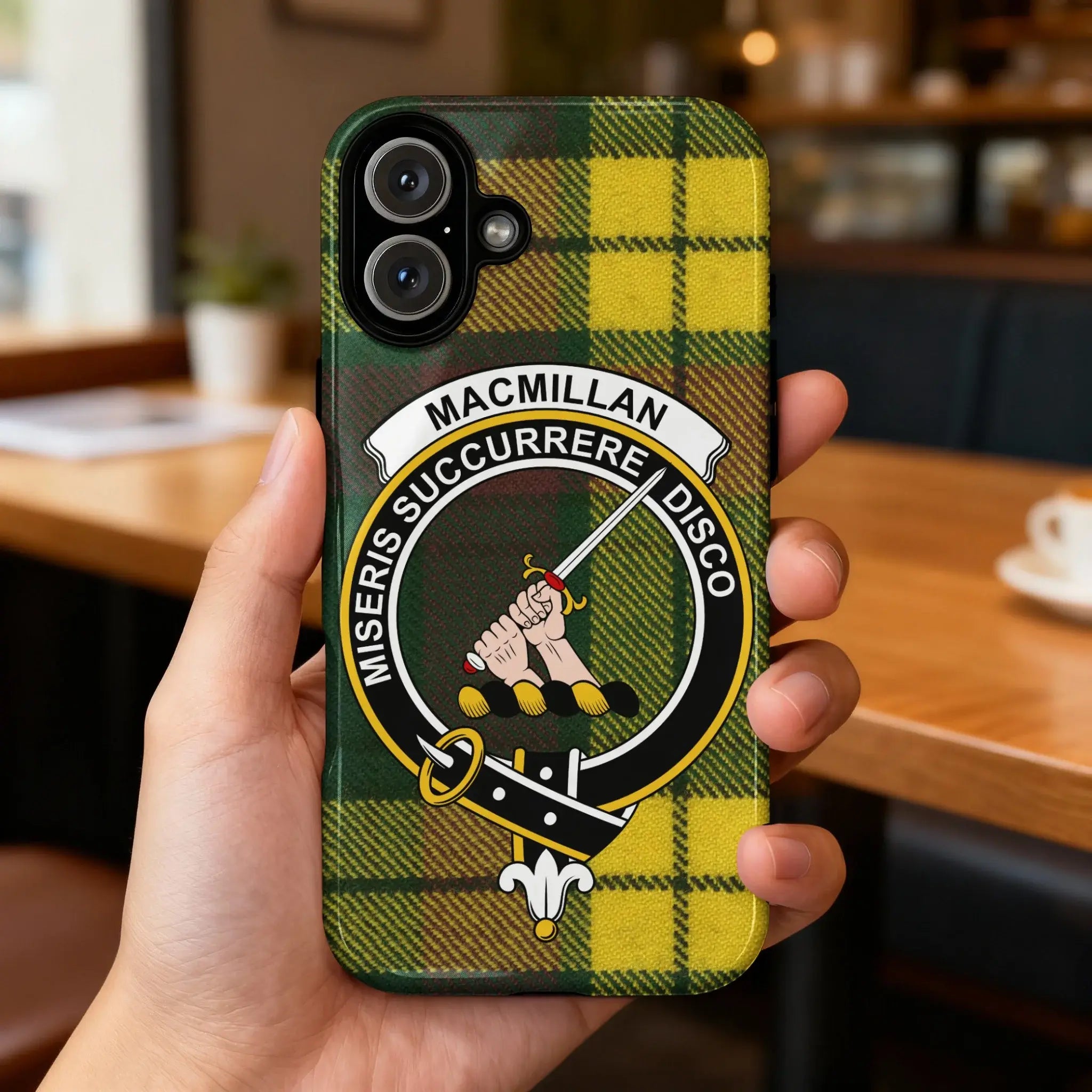 MacMillan Scottish crest phone case rear view — impact-resistant glossy finish with tartan detail