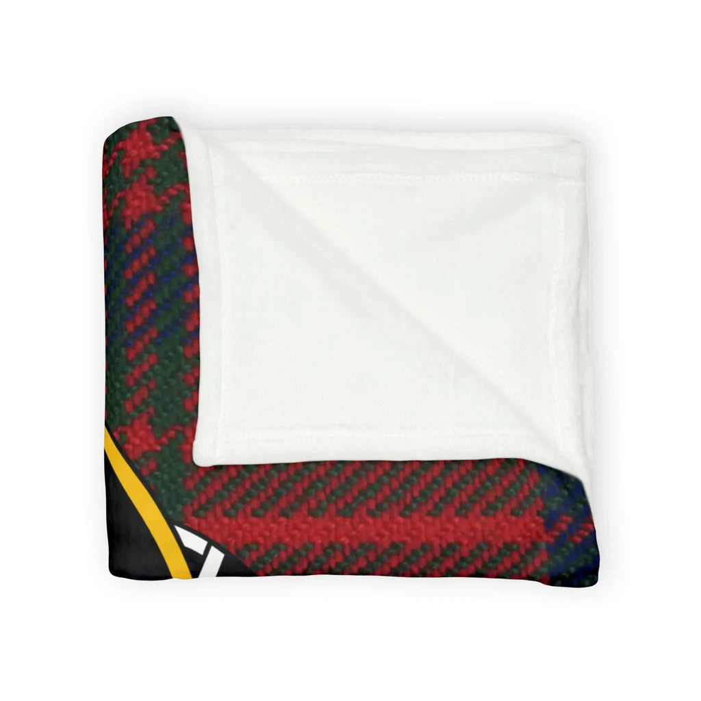 Matheson tartan throw blanket folded — clan crest on lightweight polyester with hemmed edges