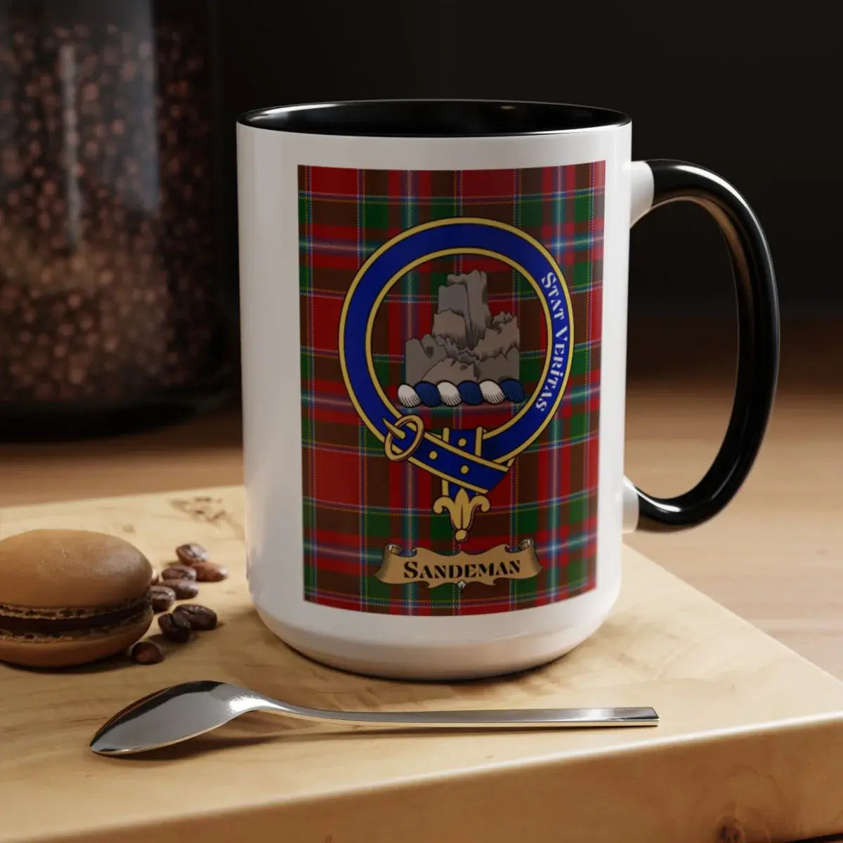 Close-up of the Sandeman clan crest printed on a ceramic mug