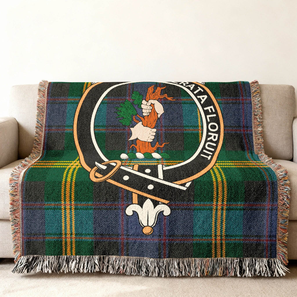 Watson clan crest woven blanket — family emblem and tartan on cotton weave