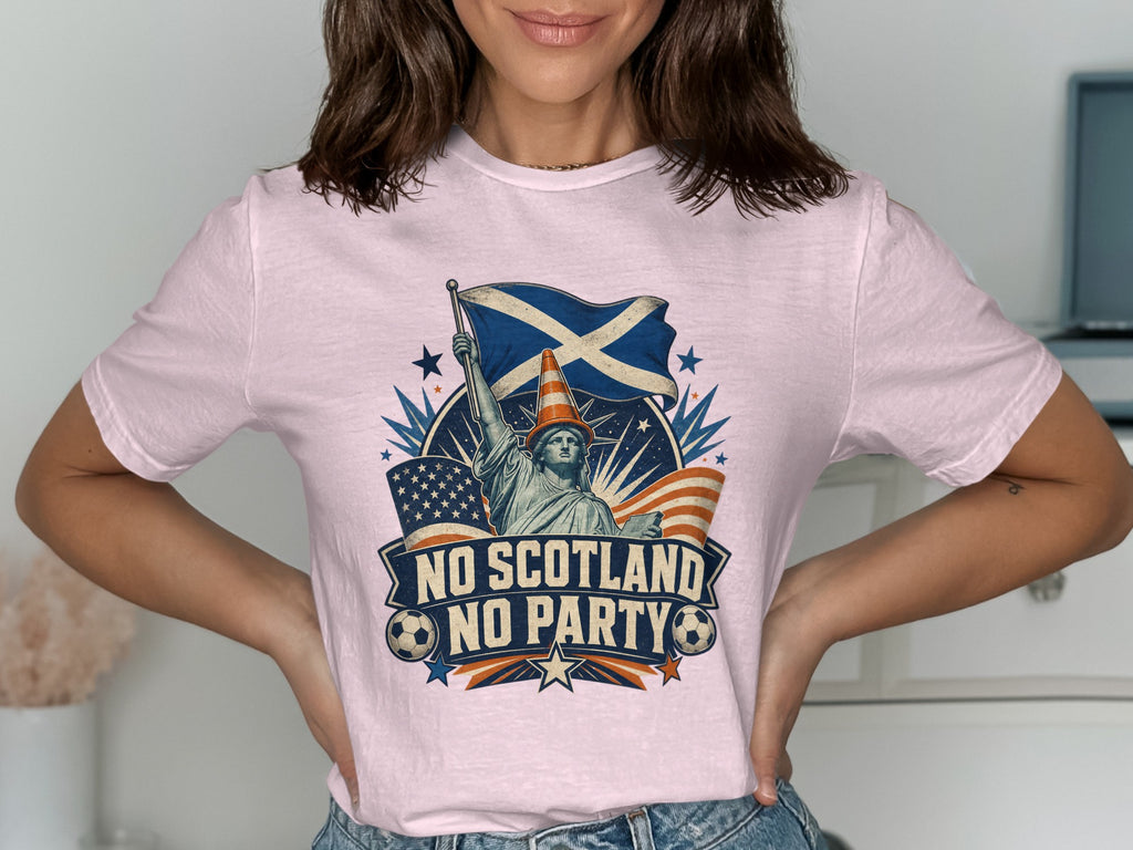 Statue of Liberty graphic with Scottish and US flags, text "No Scotland No Party".