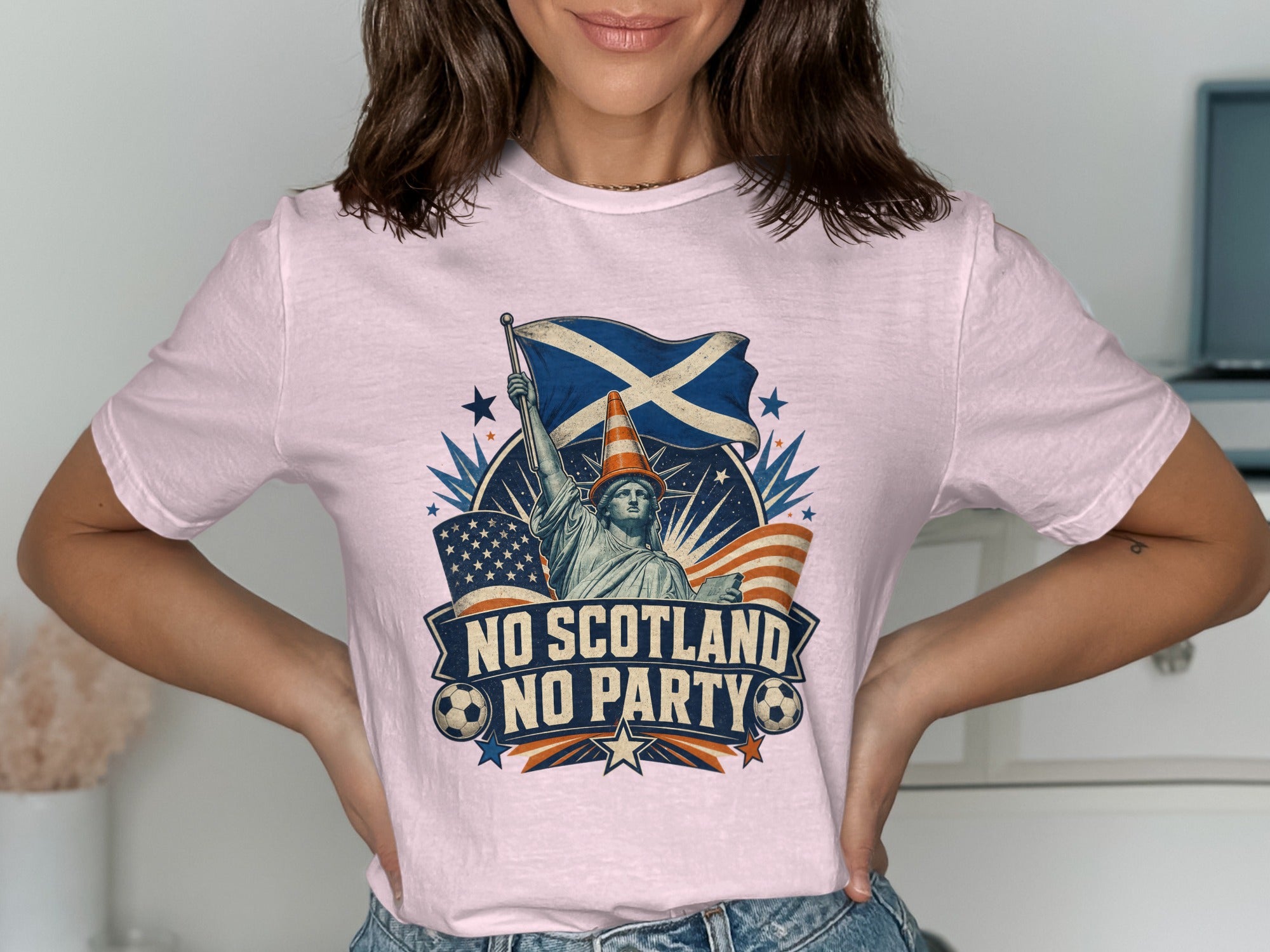 Statue of Liberty graphic with Scottish and US flags, text "No Scotland No Party".