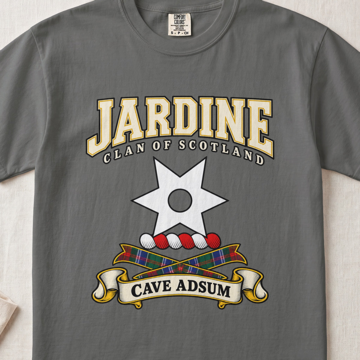 Jardine Scottish clan graphic T-shirt in Pepper, front view
