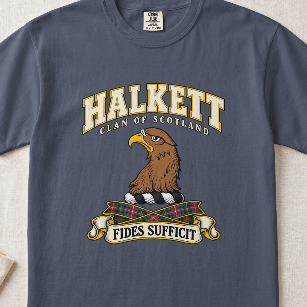 Halkett Scottish clan T-shirt in Midnight, front view with a brown eagle head and motto design.