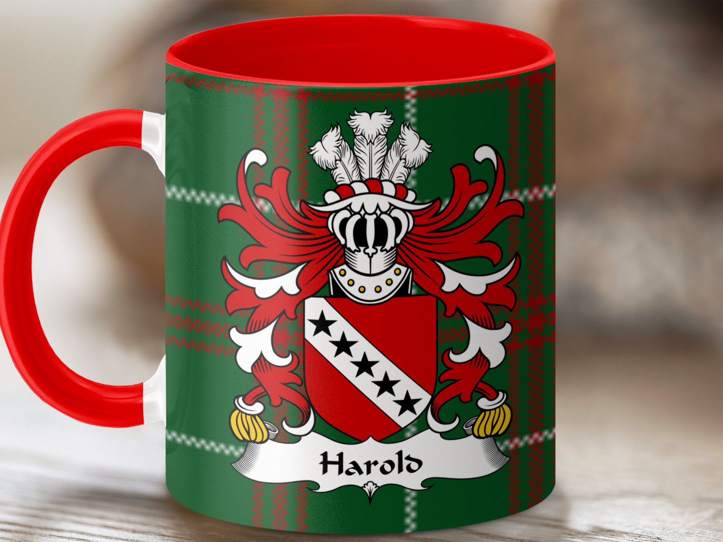 Harold Welsh Surname Coat of Arms on Tartan Background Mug - Living Stone Gifts