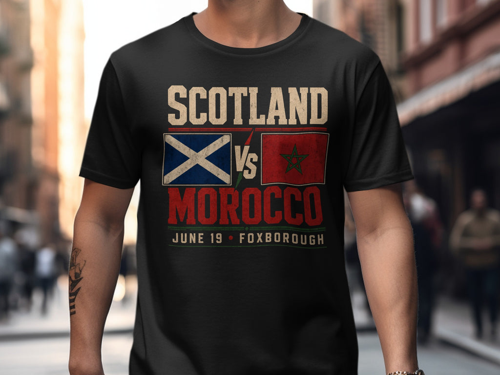 T-shirt with Scotland vs Morocco, June 19, Foxborough printed on it.