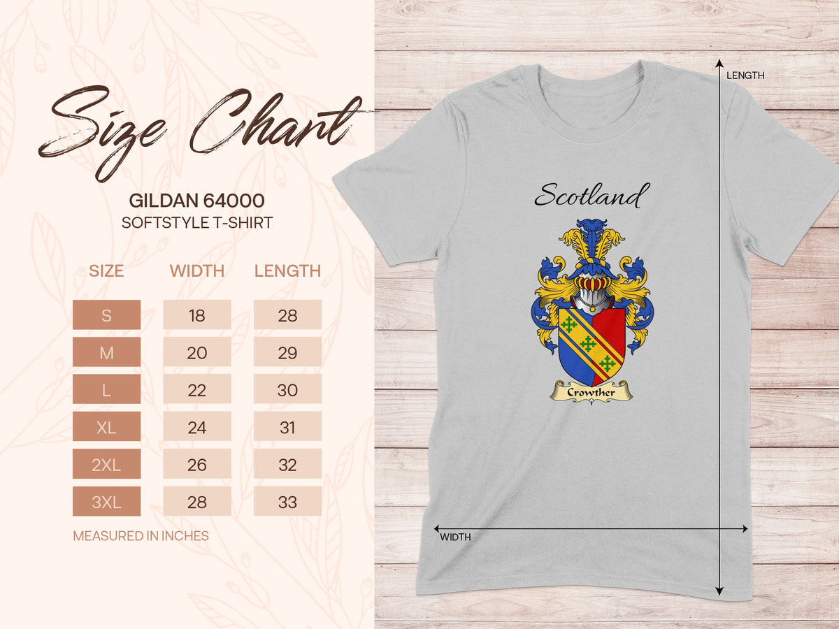 Gildan 64000 size chart for the Crowther unisex T-shirt, sizes S to 3XL