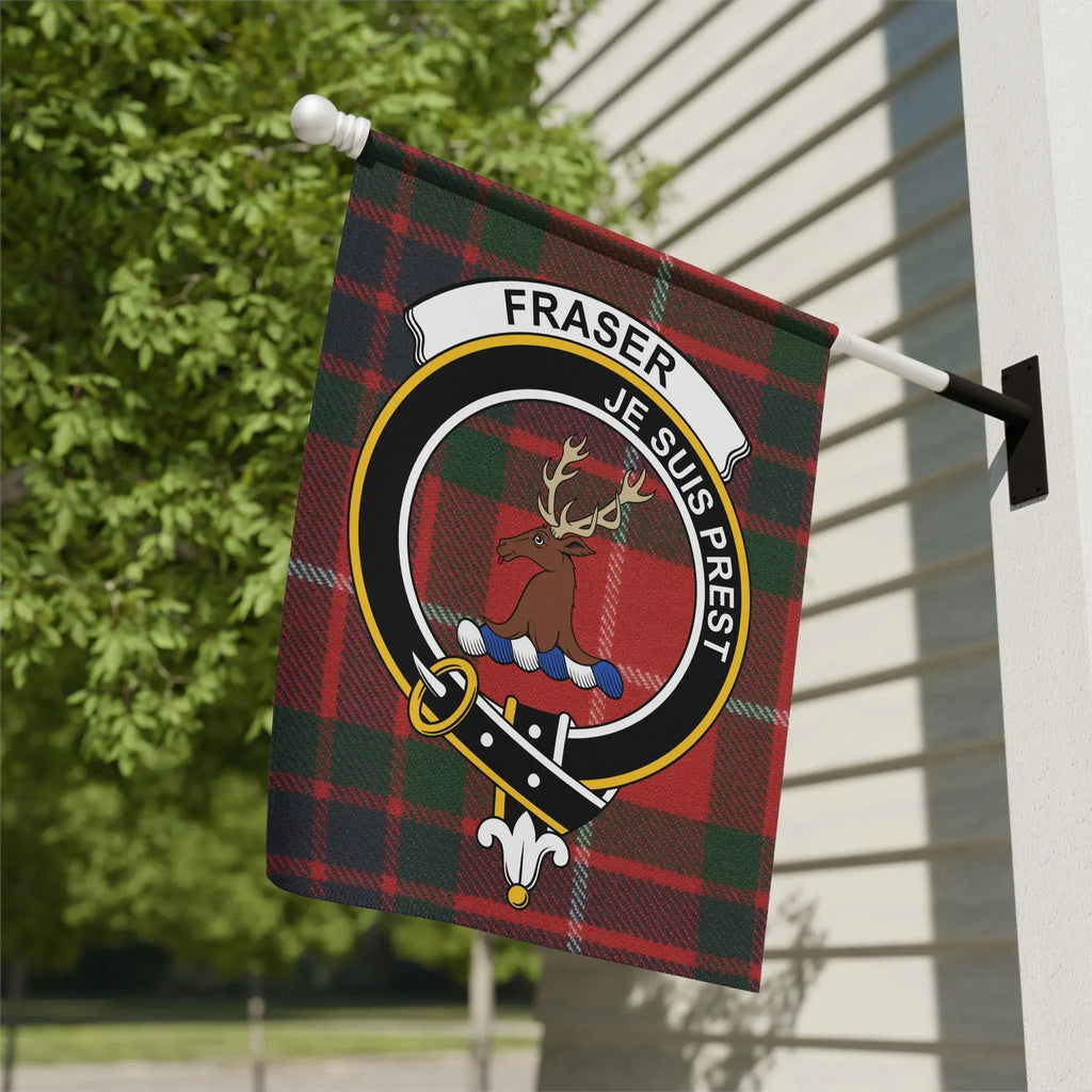 Clan Fraser garden flag with crest and Je Suis Prest — 12x18 poly canvas on garden stake