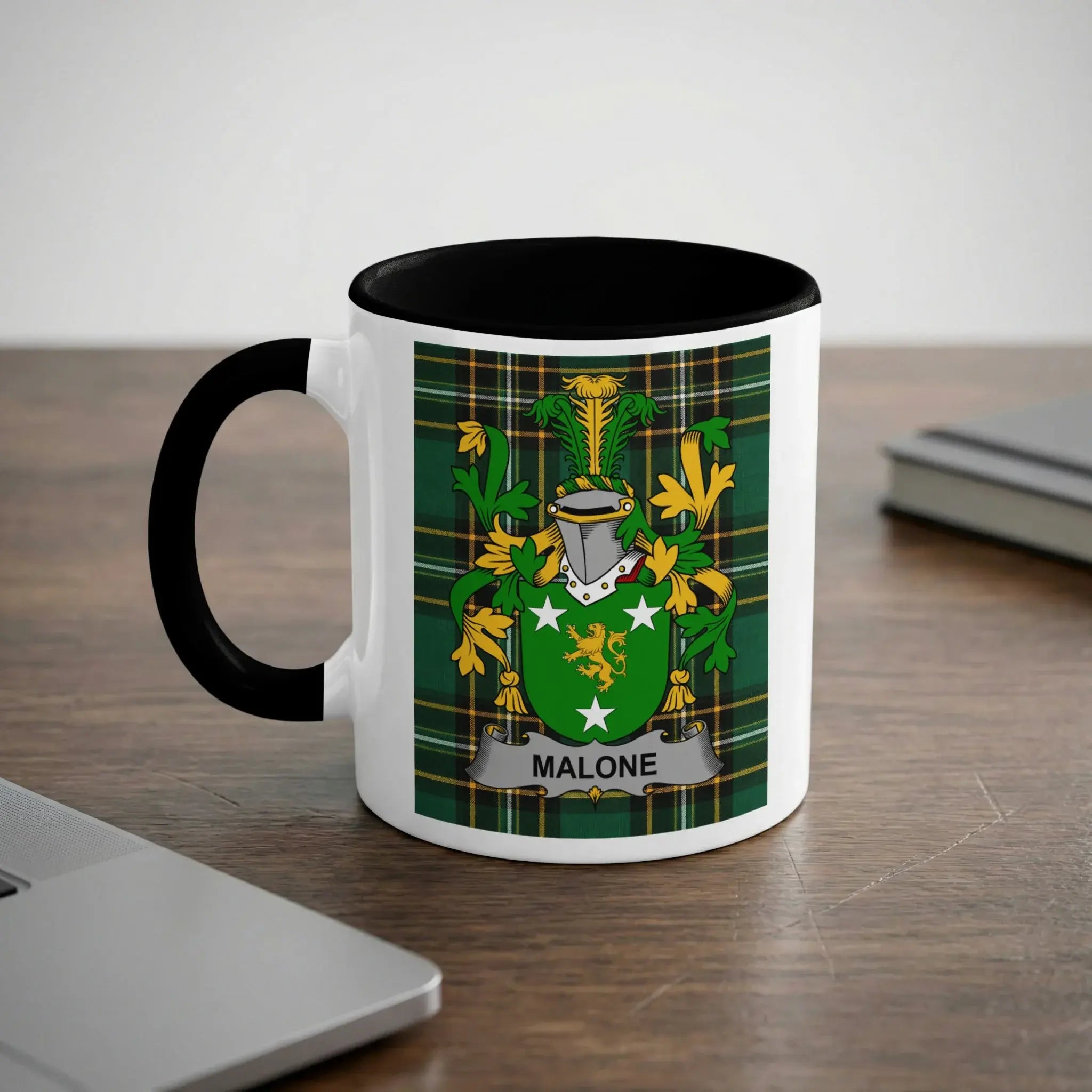 Malone Irish heritage mug with black handle and family crest
