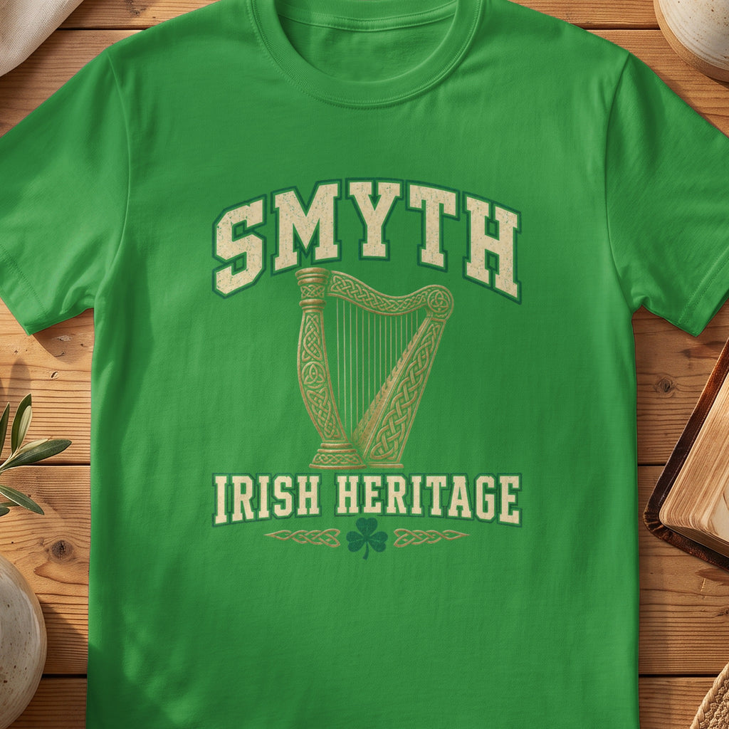 Smyth Irish Heritage green Gildan 64000 T-shirt with Celtic harp design