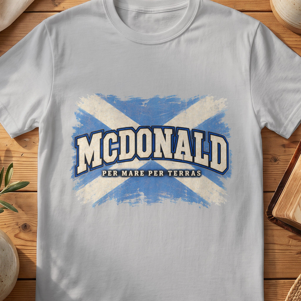 McDonald Scottish Saltire T-shirt in Sport Grey, with distressed blue and cream flag and “Per Mare Per Terras” lettering.