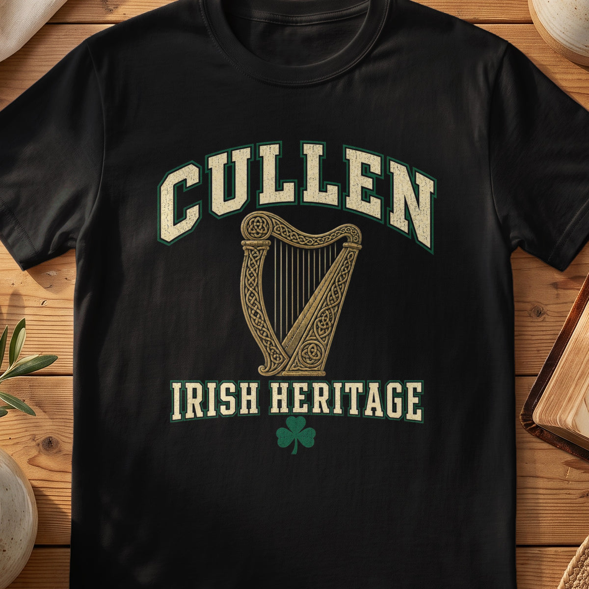 Cullen Irish Heritage black Gildan 64000 T-shirt with Celtic harp design
