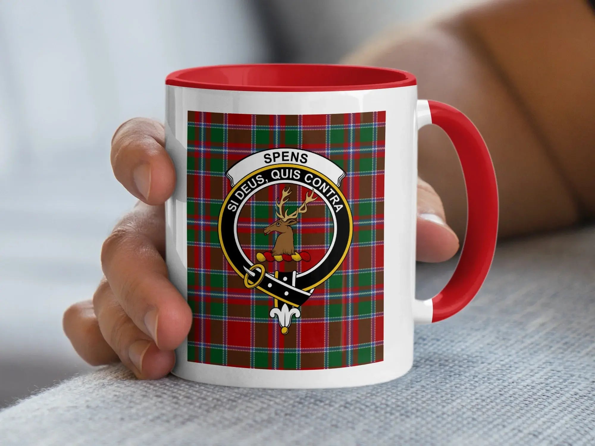 Spens clan crest plaid design coffee mug — 15oz with black handle