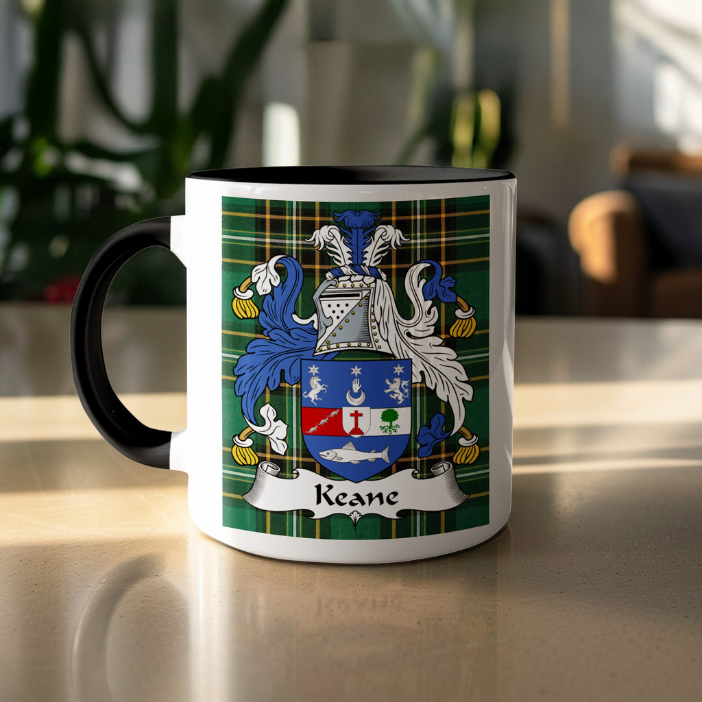 Keane family crest on tartan mug — white ceramic with black handle