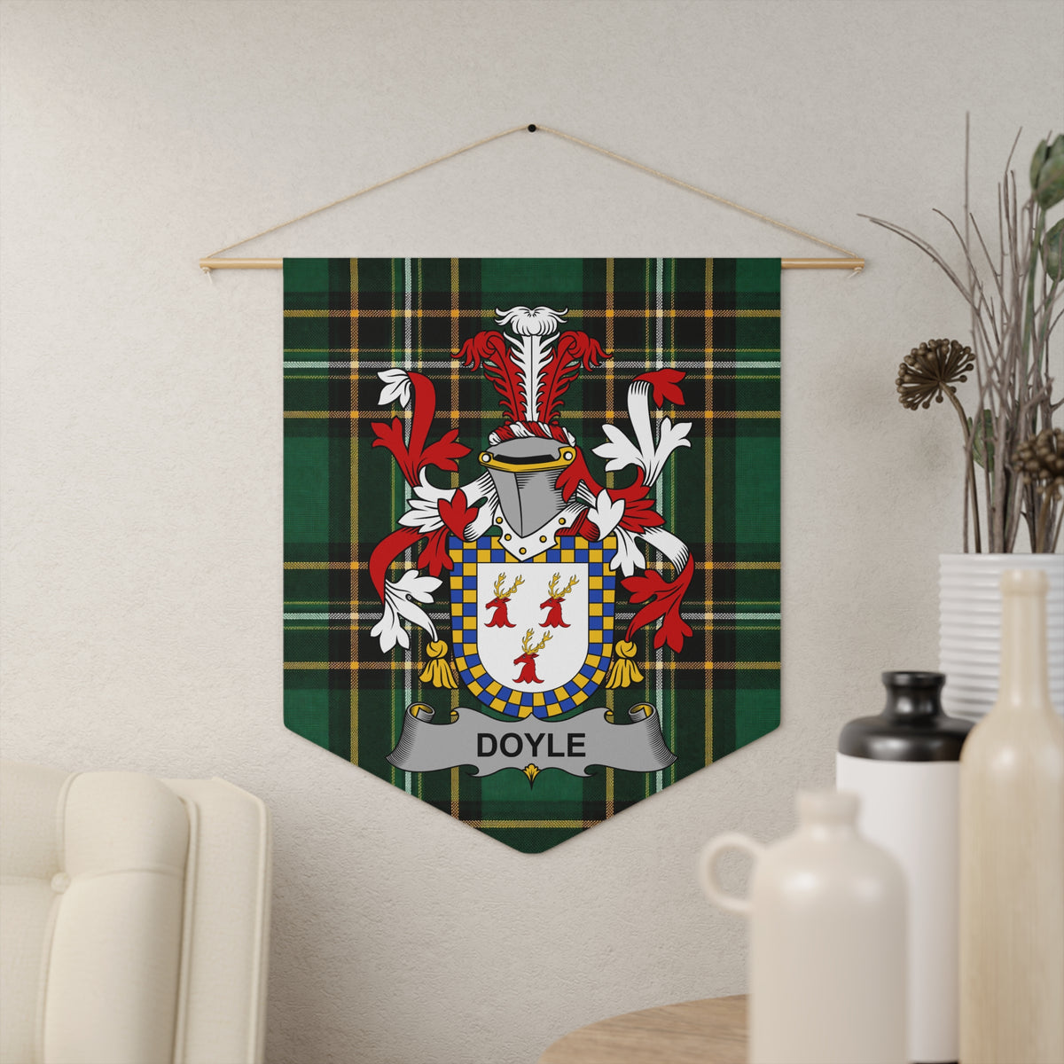 Doyle family crest on green tartan hanging banner with decorative elements.