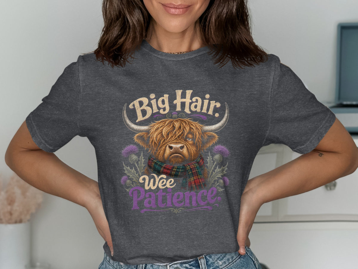 Highland cow graphic with text "Big Hair. Wee Patience."