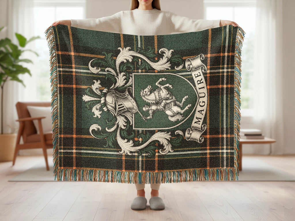 Maguire Irish National Tartan woven blanket with family crest and fringed edges