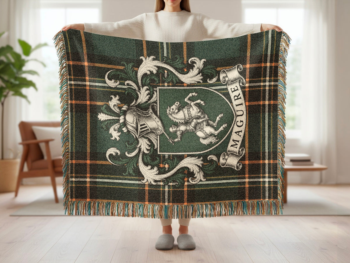 Maguire Irish National Tartan woven blanket with family crest and fringed edges