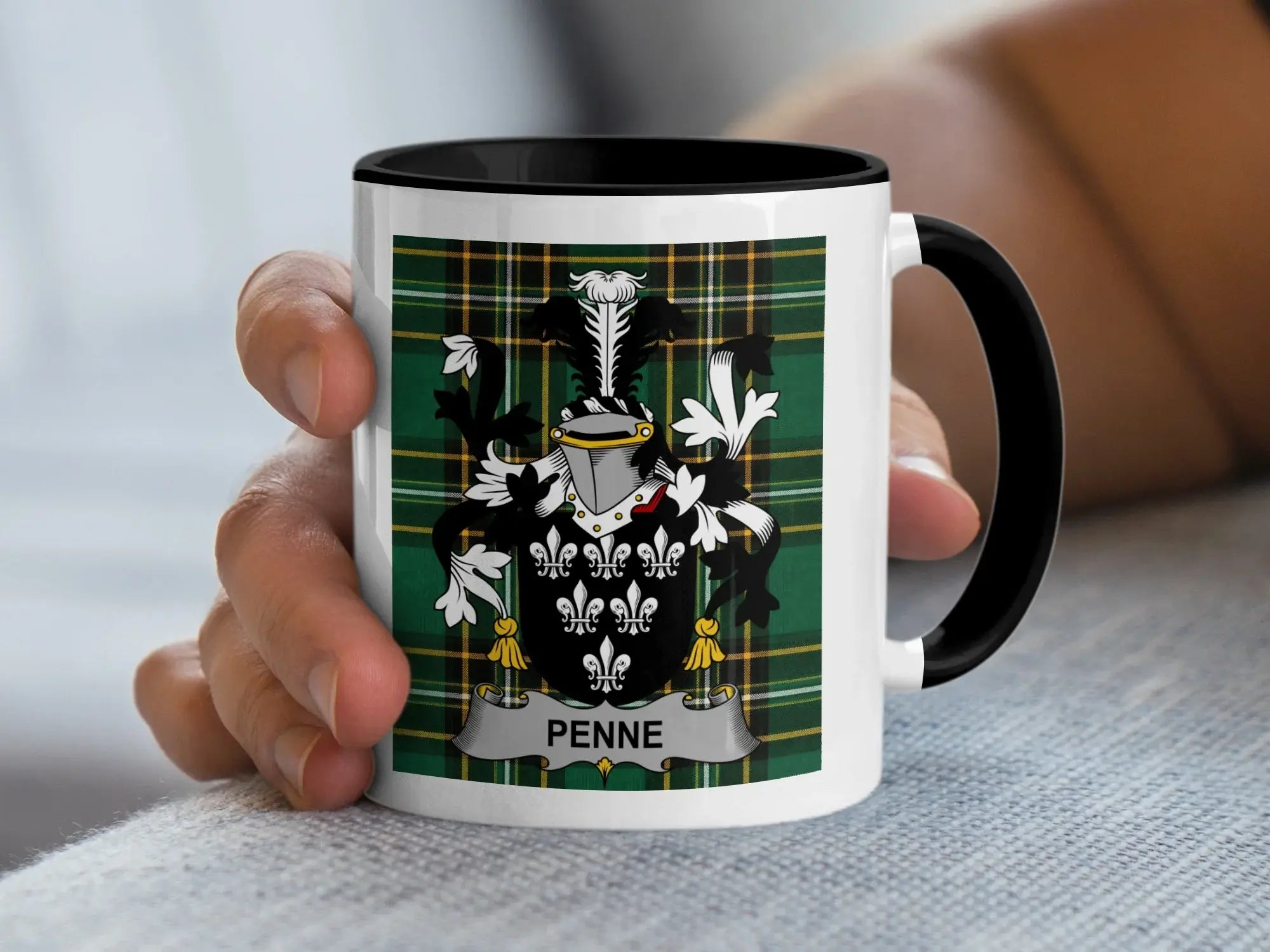 Penne Irish family crest black accent mug with Irish National Tartan