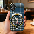 Clan Napier tartan phone case — glossy edge-to-edge crest print, iPhone shown