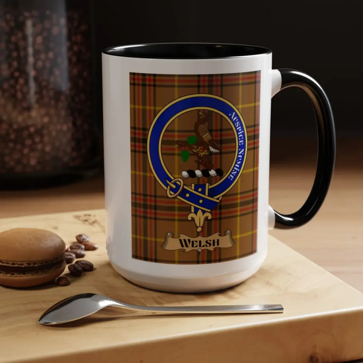 Close-up of the Welsh clan crest printed on a ceramic mug