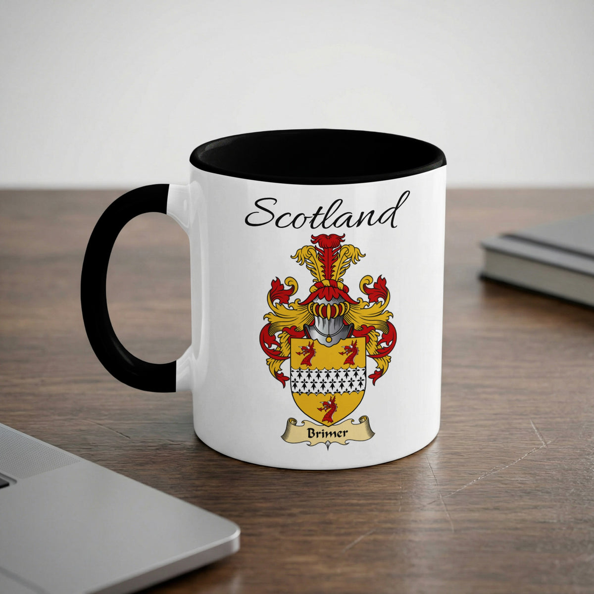 Brimer Scottish family crest accent mug with Scotland lettering and coat of arms artwork