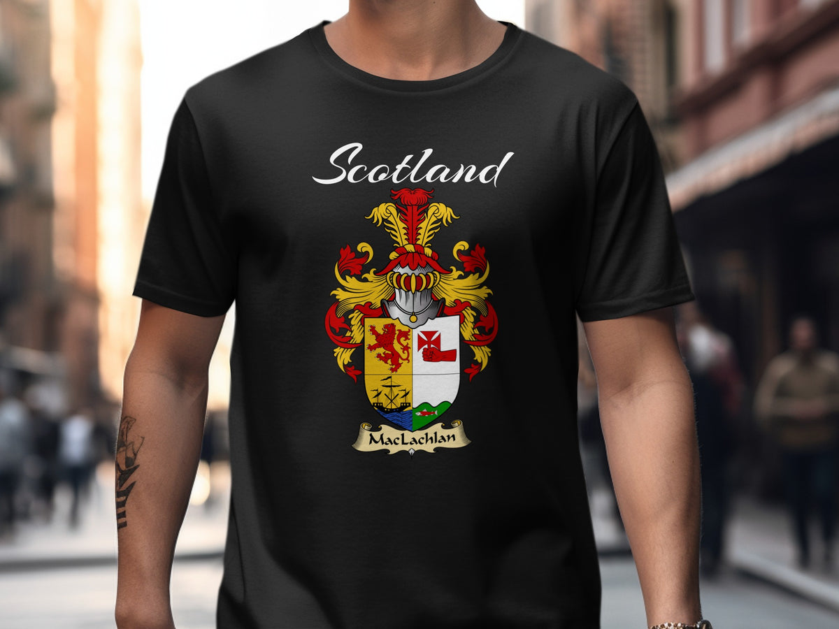 Model wearing a black MacLachlan T-shirt featuring a quartered shield with a lion and sailing ship