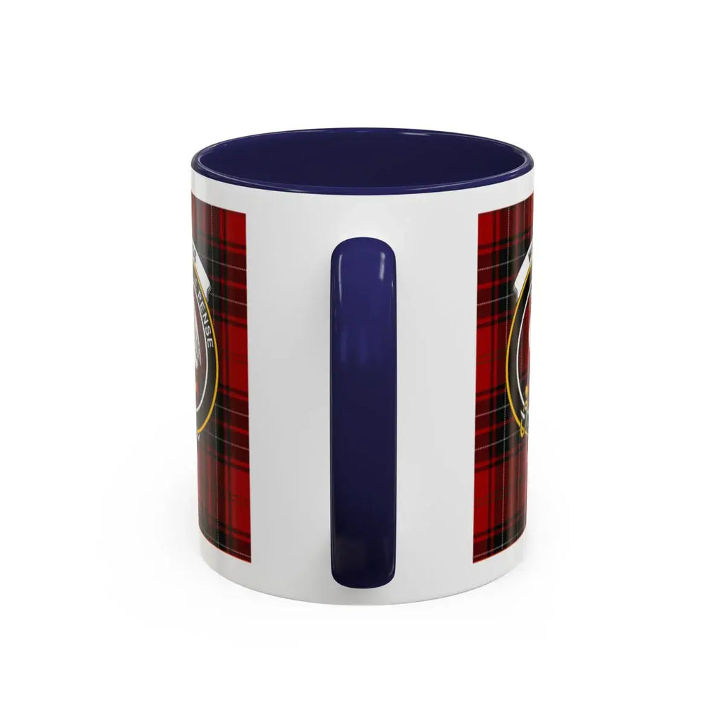 Clan Wemyss Scottish tartan mug — close-up of swan crest and accent interior