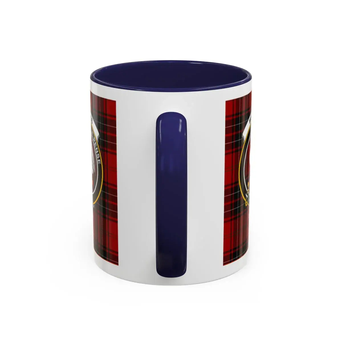 Clan Wemyss Scottish tartan mug — close-up of swan crest and accent interior