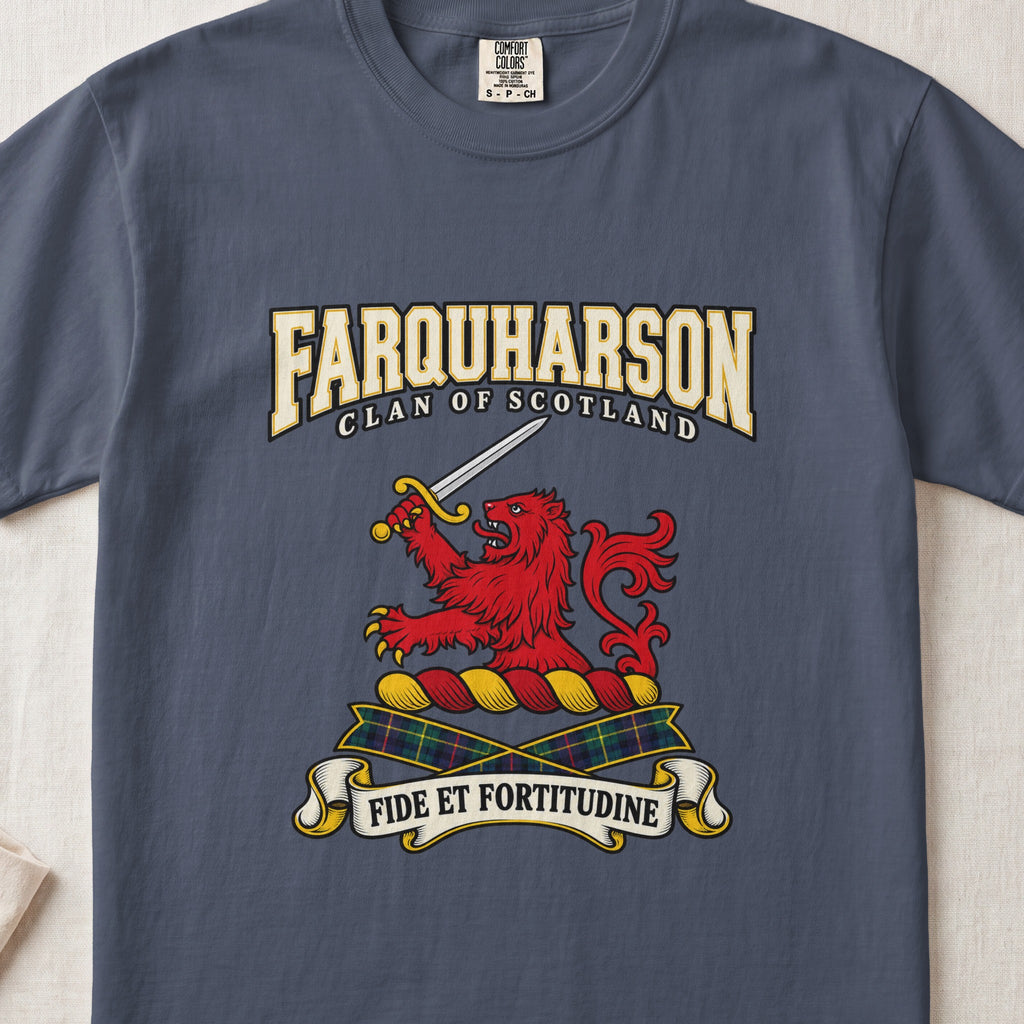 Farquharson Scottish clan graphic T-shirt in Midnight, front view