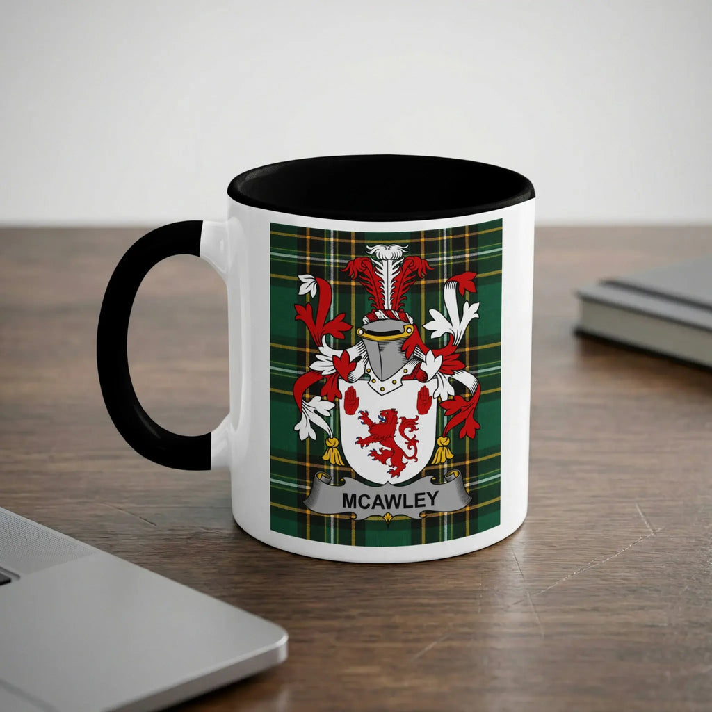 Mug with McCawley family crest on tartan background.
